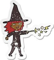 retro distressed sticker of a cartoon witch girl casting spell vector