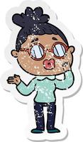 distressed sticker of a cartoon woman wearing spectacles vector