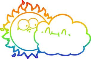 rainbow gradient line drawing cute cartoon cloud and sun vector