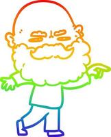 Dibujo de línea de gradiente de arco iris hombre de dibujos animados con barba frunciendo el ceño y señalando vector