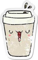distressed sticker of a cartoon coffee cup vector