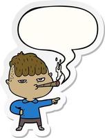 cartoon man smoking and speech bubble sticker vector