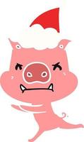 angry flat color illustration of a pig wearing santa hat vector