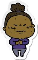 sticker of a cartoon annoyed old lady vector