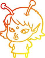 warm gradient line drawing pretty cartoon alien girl vector