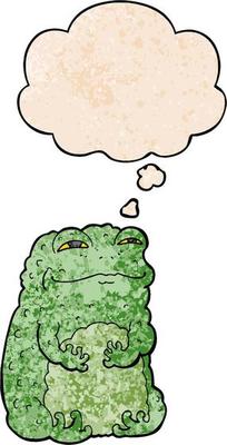 cartoon smug toad and thought bubble in grunge texture pattern style