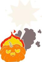 cartoon flaming halloween pumpkin and speech bubble in retro style vector