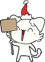 happy little line drawing of a dog holding sign wearing santa hat vector