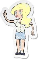 retro distressed sticker of a cartoon pretty woman with idea vector