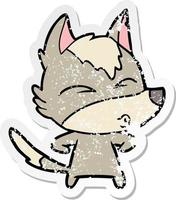 distressed sticker of a cartoon wolf whistling vector