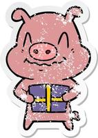 distressed sticker of a nervous cartoon pig with present vector