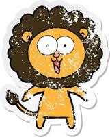 distressed sticker of a happy cartoon lion vector