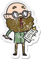 distressed sticker of a cartoon joyful man with beard vector