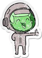 distressed sticker of a happy cartoon astronaut vector