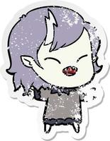 distressed sticker of a cartoon laughing vampire girl vector