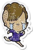 distressed sticker of a cartoon crying girl running away vector