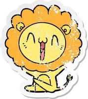 distressed sticker of a happy cartoon lion vector