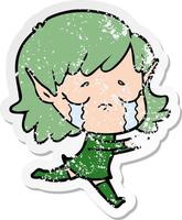 distressed sticker of a cartoon crying elf girl vector