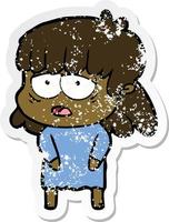 distressed sticker of a cartoon tired woman vector