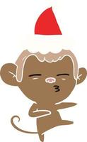 flat color illustration of a suspicious monkey wearing santa hat vector