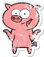 distressed sticker of a cartoon pig with no worries vector