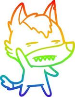 dibujo de línea de gradiente de arco iris lobo de dibujos animados agitando mostrando los dientes vector