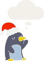 lindo pingüino de navidad de dibujos animados y burbuja de pensamiento en estilo retro vector