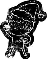 cartoon distressed icon of a grumpy boy wearing santa hat vector