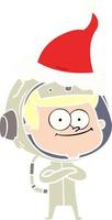 happy astronaut flat color illustration of a wearing santa hat vector