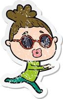 distressed sticker of a cartoon woman wearing sunglasses vector