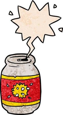 cartoon can of soda and speech bubble in retro texture style