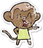 distressed sticker of a crazy cartoon monkey in dress pointing vector