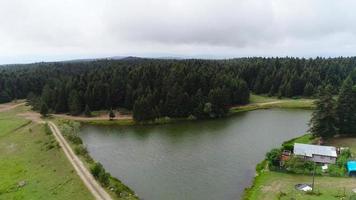 lac et maison au bord du lac dans la forêt. maison solitaire au bord du lac parmi les forêts de pins. video