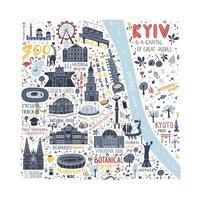 Illustrated map of Kyiv with turist attractions and symbols. Illustration with famous places and buildings in cartoon style