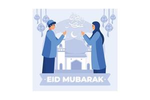 Muslim couple illustration for Eid Mubarak greetings, Happy Eid Al-fitr illustration for banner or website landing page vector