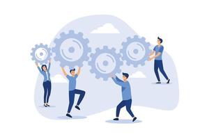 Collaboration or cooperate for team success, working together as teamwork to solve problem and achieve target concept, businessman and businesswoman team up to help connect gear or cogwheels together. vector