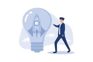 Entrepreneurship, setting up new business, motivation to create new business idea and make it success concept, businessman start up company owner standing with innovative rocket inside lightbulb ide vector