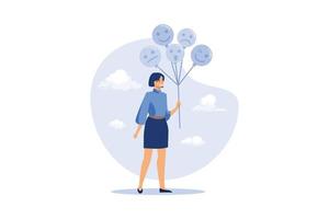 Emotional control and self regulation, stressed management or mental health awareness, feeling and expression concept, calm woman holding balloons with emotion or expression faces, happy, sad or fear. vector
