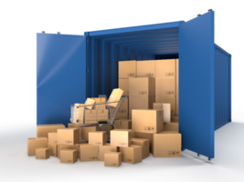 contêineres de serviço logístico de transporte de carga de contêiner com entrega de pacotes de caixas de papelão marrom no negócio de comércio eletrônico on-line. renderização em 3D