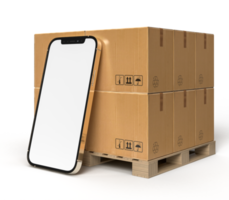 servizio logistico di trasporto merci accatastati con telefono. consegna pacchi nel settore dell'e-commerce online png