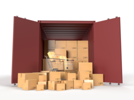 container servizio logistico di spedizione merci container con scatole di cartone marroni consegna pacchi nel settore dell'e-commerce online. rendering 3D png