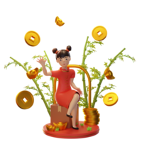 ilustración de personajes 3d año nuevo chino con moneda, lingote, bambú, usado para una aplicación web, etc. png