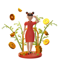 ilustración de personajes 3d año nuevo chino con moneda, lingote, bambú, usado para una aplicación web, etc. png