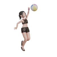 fêmea jogando bola na praia, ilustração 3d de verão png