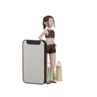 femme avec téléphone et sac fourre-tout, illustration 3d d'été png