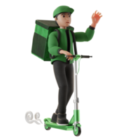 servizio di consegna, con personaggio e scooter, illustrazione 3d png