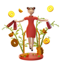 3d Character Illustration Chinese New Year with coin, ingot, bamboo, used for a web app, etc png