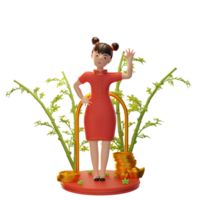 illustrazione del personaggio 3d capodanno cinese con moneta, lingotto, bambù, utilizzato per un'app web, ecc png