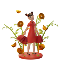 3d Character Illustration Chinese New Year with coin, ingot, bamboo, used for a web app, etc png