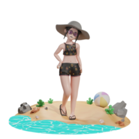 vrouw op het strand met bal, zomer 3d illustratie png